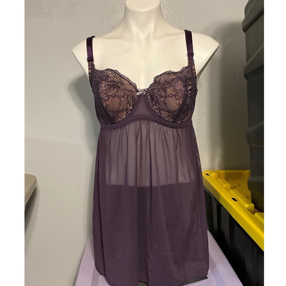 Adore Me Purple‎ Lace Underwire Babydoll Chemise Lingerie 38DD Plum Mesh Nightie